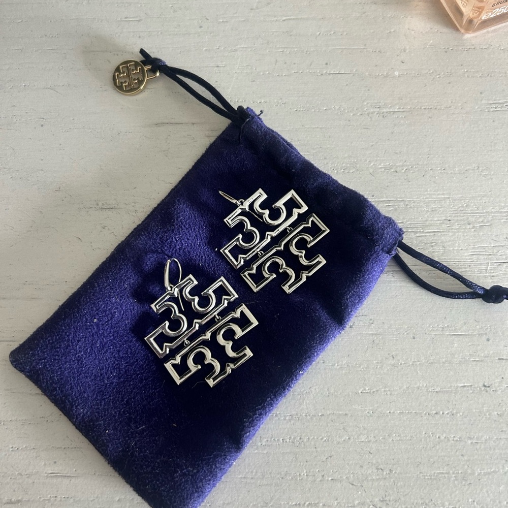 Tory Burch Metallic Logo Studs with Blue Pouch